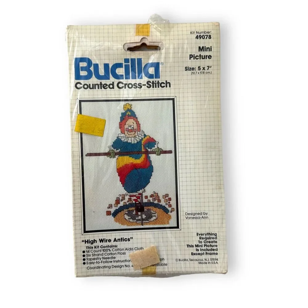 Bucilla Counted Cross Stitch Kit High Wire Antics No 49078 Vintage Clown 80s New